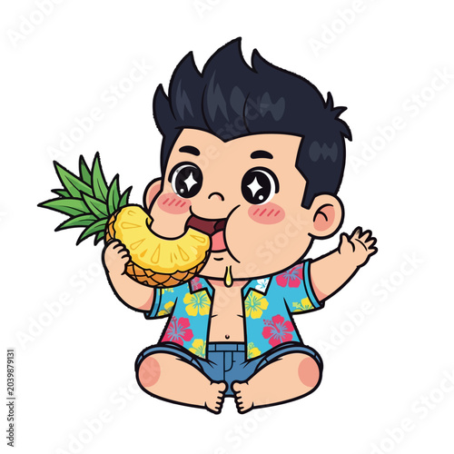 Cute cartoon boy happily eating a pineapple slice.