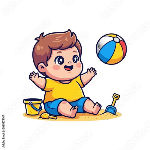 Happy Toddler Playing With Beach Ball and Sand Toys.