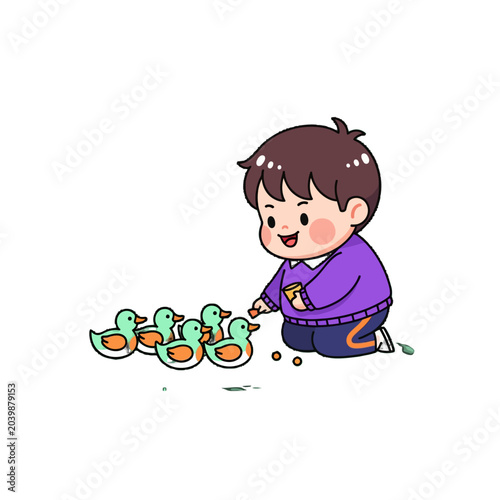 Happy child playing with colorful rubber ducks indoors.