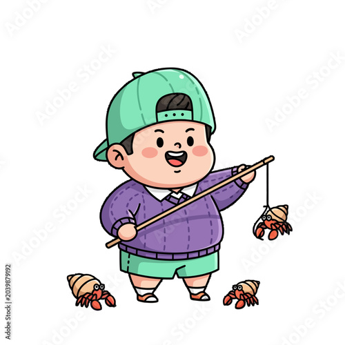 Happy Cartoon Child Holding Toy Fishing Pole with Crabs.