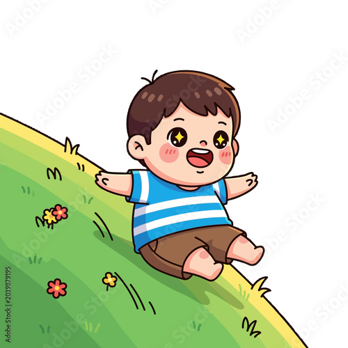 Happy cartoon boy sliding down a grassy hillside joyfully.