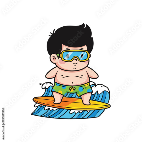 Cute Cartoon Boy Surfing on Colorful Wave Board.