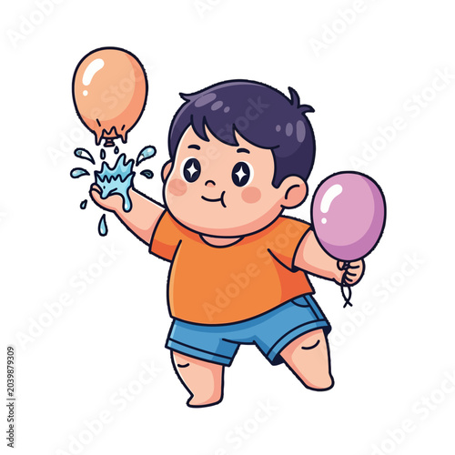 Happy toddler playing with colorful water balloons outdoors.