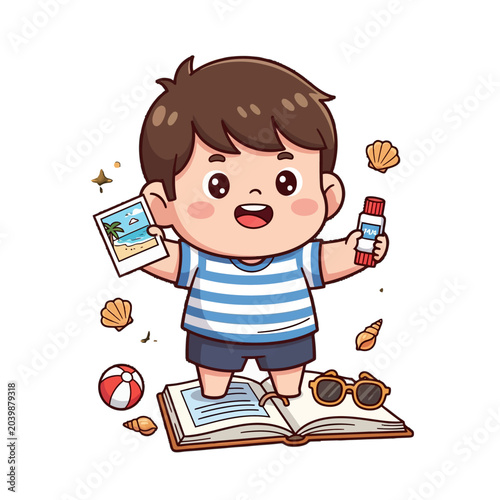 Happy Cartoon Boy Holding Camera and Book with Summer Items.
