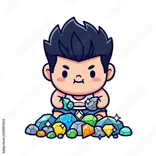 Cute Cartoon Boy Sitting Among Colorful Gems and Crystals.