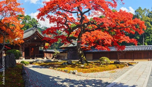 A vibrant Japanese garden scene with a large red maple tree in full autumn color. A traditional wooden building is in the background