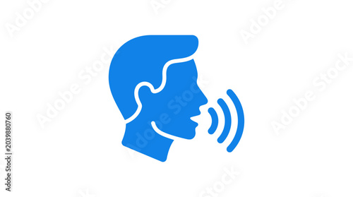 A blue icon of a man speaking.