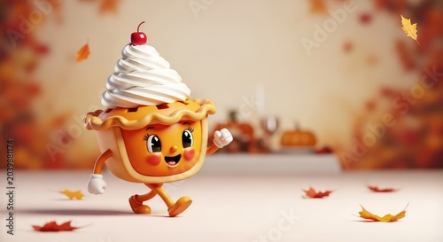 A cute vintage pumpkin pie character with a happy smile and whipped cream hat walks cheerfully for a festive Thanksgiving holiday theme, spices, sweet, white