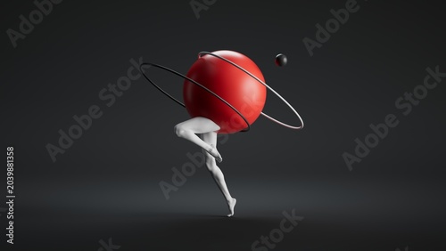 Photos A white figure dances around a red sphere with rings, set against a dark background