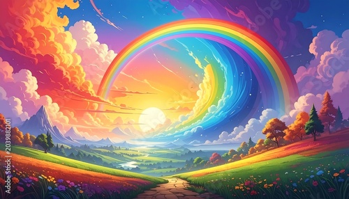 A vibrant landscape painting depicting a sunlit valley under a colossal rainbow, with rolling green hills