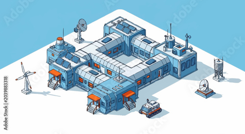 Tableau sur toile Isometric illustration of a futuristic industrial complex with satellite dishes and wind turbines