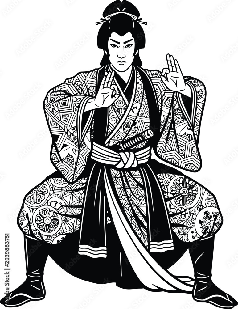 Obraz premium Samurai sitting with tea bowl in traditional pose