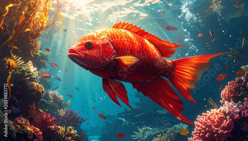 A vibrant, large red fish swims in a sunlit ocean, surrounded by colorful coral and smaller fish. Light beams penetrate the water