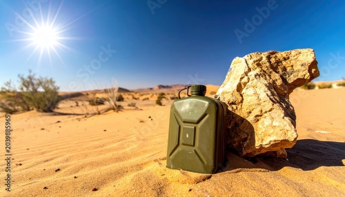 Olive drab military canteen resting on desert sand near weathered rock with bright sun and blue sky