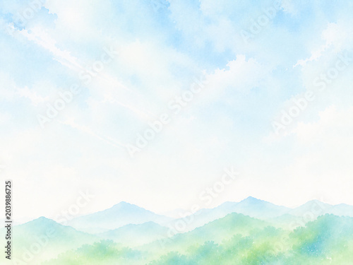 夏山をイメージした抽象水彩背景　爽やかな青空と緑の余白デザイン