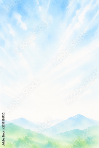 夏山をイメージした抽象水彩背景　爽やかな青空と緑の余白デザイン
