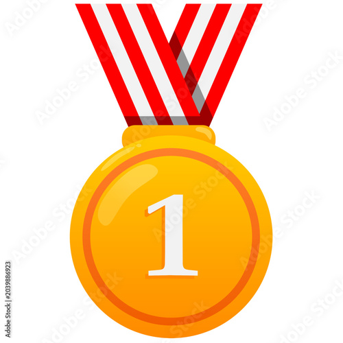 Gold medal with ribbon representing first place achievement, victory, excellence, and championship success. Colorful award icon for sports and competition themes.