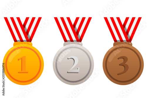 Set of gold, silver, and bronze medals with ribbons representing first, second, and third place winners in sports competitions and tournaments.