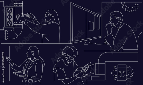 Engineering Team and Digital Industrial Innovation Illustration, Hand Drawn in Thin Line Style
