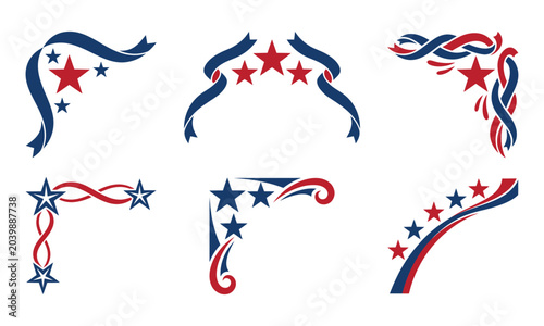 Quadro su tela Patriotic corner decorations collection with stars and ribbons vector illustrati