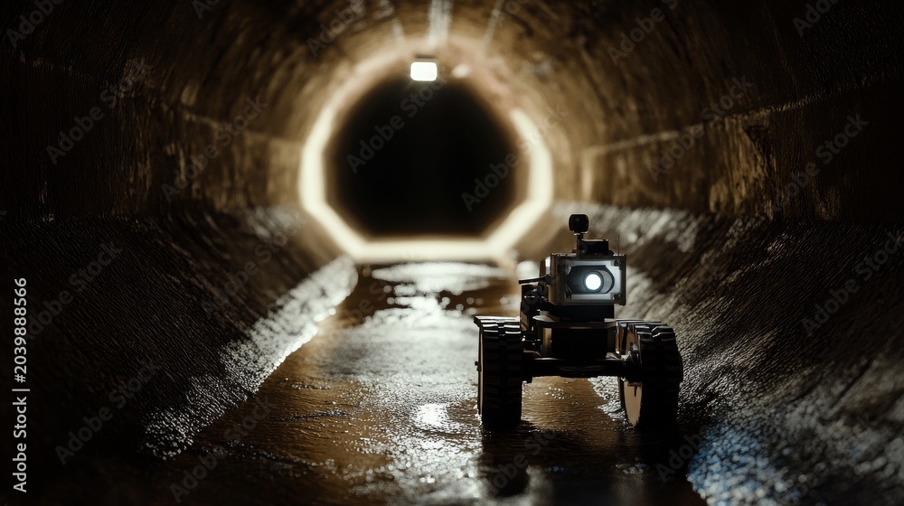 Fototapeta premium Robot explores dark tunnel with light from its camera in underground sewer system