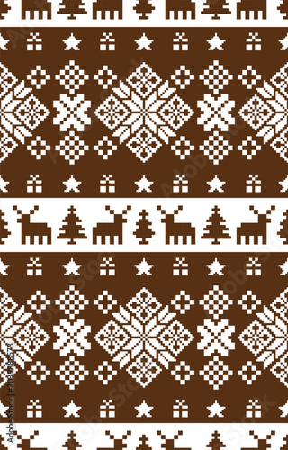 Seamless Christmas pixel pattern vector in retro 8-bit style, featuring festive holiday motifs. Perfect for Christmas wrapping paper, sweaters, greeting cards, backgrounds, and textile design. drew th