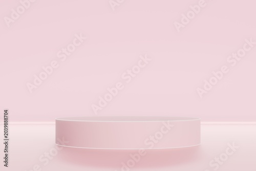 Minimalist pink cylinder podium for beauty product display, 3D render background.