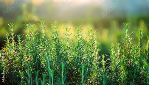Close Up Of Green Rosemary Leaves In Agriculture Plantation Wit