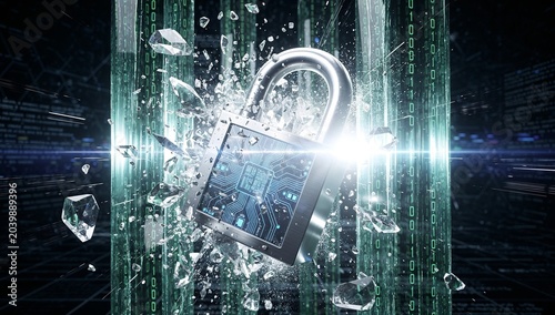 Cyber Security Concept: Digital Padlock Protecting Blockchain Data Network
