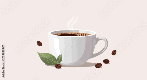 Fotografia Steaming Cup of Coffee with Beans and Leaves, Morning Brew