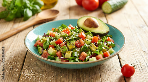 Fresh salad with avocado and tomatoes in a blue bowl on wooden table