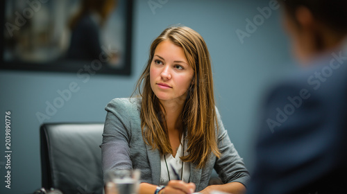 Candid attorney portrait during business law consultation meeting, shallow focus background