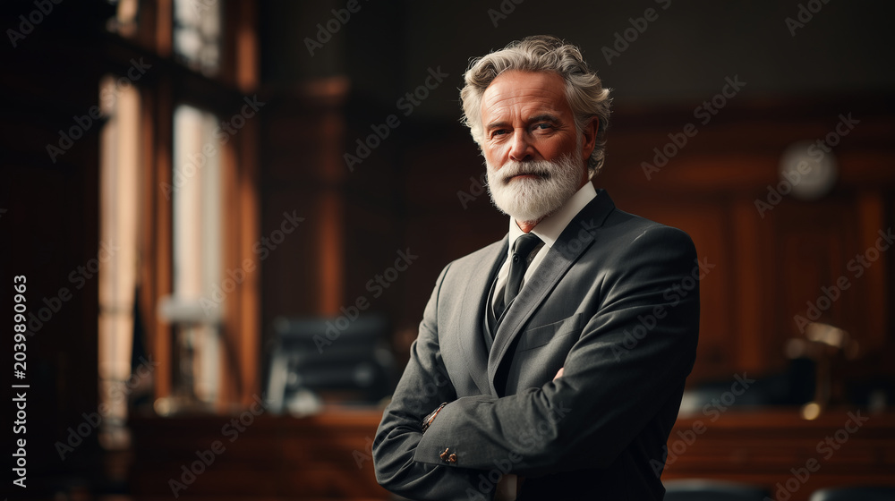 Fototapeta premium Authentic courtroom portrait of prosecutor speaking confidently, cinematic legal atmosphere