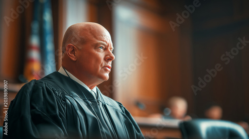 Realistic judge portrait during courtroom conversation, blurred background, soft shadows