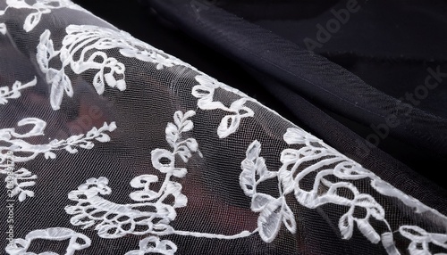 Elegant White Lace Overlay On A Black Fabric Background With Intricate Patterns And Textures Formal Fabric Lace