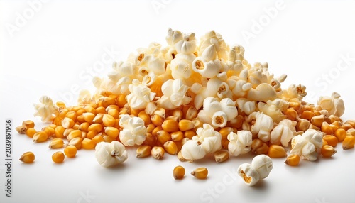 Scattered Popcorn Kernels And Popped Corn Isolated On White Background