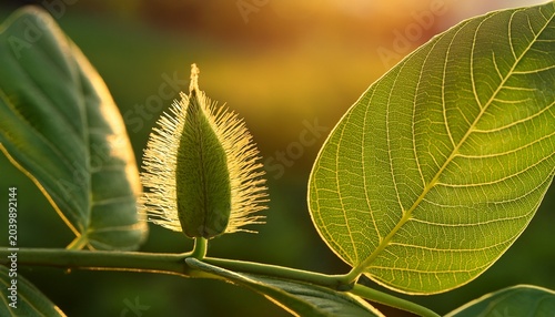Close Up Of Green Plant Pod And Leaf Illuminated By Warm Sunlight