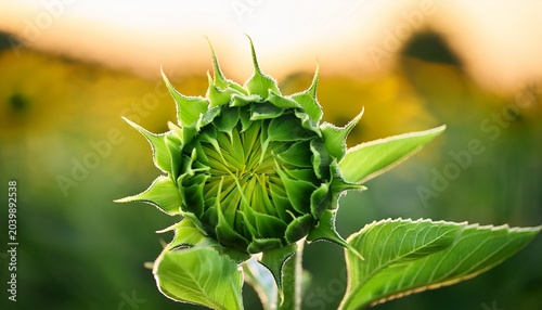 Close Up Of A Green Sunflower Bud In A Field With Bokeh Background