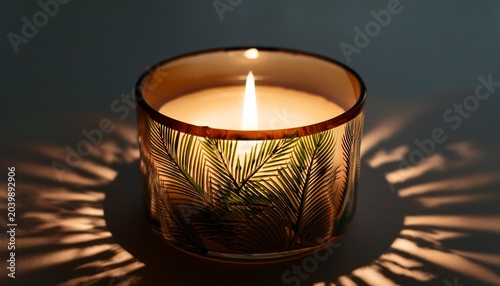 A Warm Glowing Candle With Leaf Shadows On The Surface