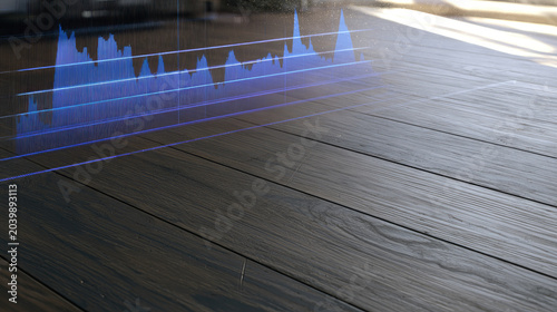Graph data line chart network security traffic visual on dark wood desk with copy space and morning light