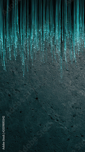 Neon fiber optic cable over dark concrete wall, vertical light streak and minimal texture