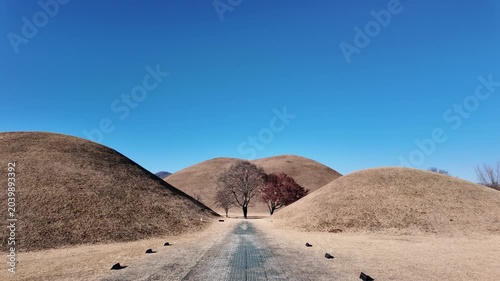 Ancient Royal Tumuli Burial Mounds at Daereungwon Tomb Complex in Gyeongju, South Korea