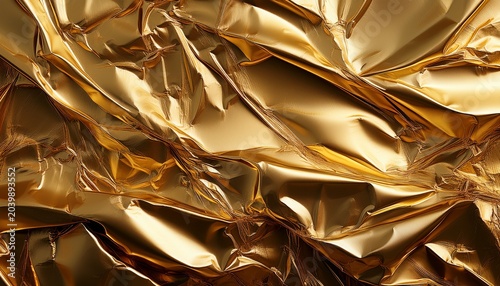 Wrinkled Gold Foil Catches Light Creating Highlights And Shadows Across Its Surface