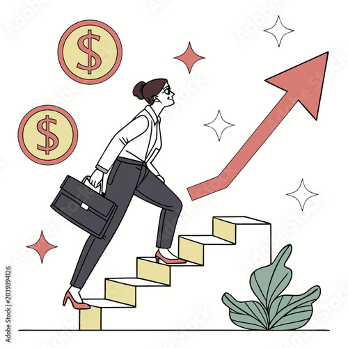 Fotografie businesswoman climbing stairs vector illustration arrow dollar coins growth succ