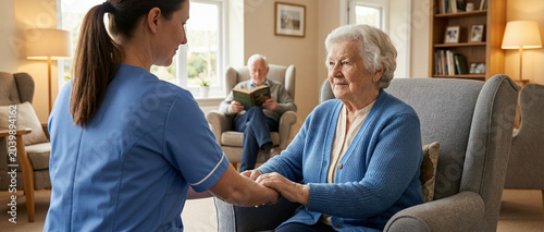 A caregiver gently holds an elderly woman's hands in a cozy living room, while an elderly man reads in the background.