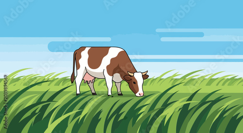 Obraz na plátně Brown and white cow grazing peacefully in a lush green field under a blue sky with clouds