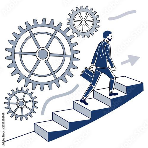 Tablou pe pânză businessman climbing stairs with gears vector illustration economic growth progr