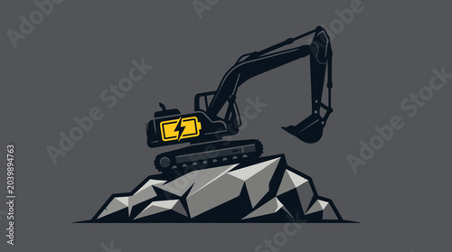 Fotografi Electric Excavator Illustration on Rocky Terrain Representing Sustainable Constr