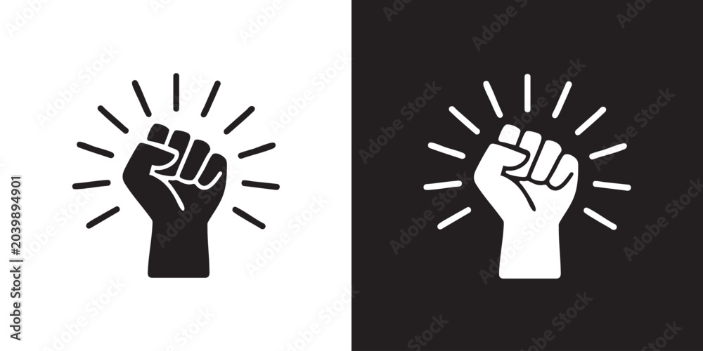 Obraz premium Minimalist Raised Fist Icon with Radiating Lines - Modern Protest Power Symbol, Strength Human Rights Resistance Graphic, and Liberty Revolution Unity Vector