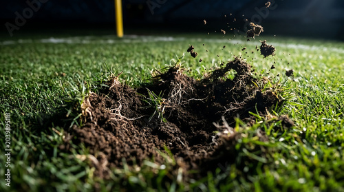 A close-up view of a torn divot with soil and grass debris on a vibrant green sports field under stadium lights.